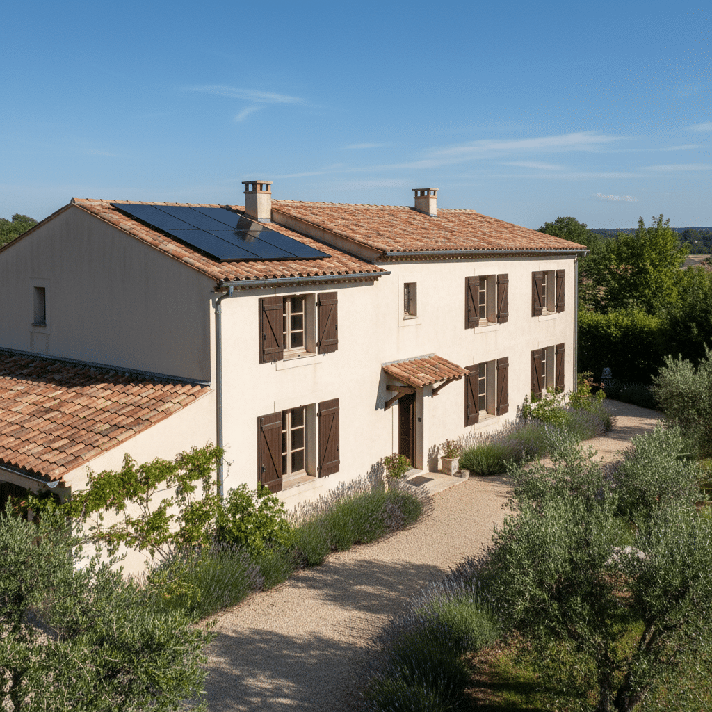 Maison provençale équipée de panneaux solaires photovoltaïques sur le toit, installés par KHELIOS à Alès et Salon-de-Provence.
