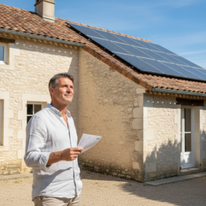 Homme devant une maison avec panneaux solaires photovoltaïques en toiture. Installation KHELIOS, spécialiste panneaux solaires et bornes de recharge à Alès et tout autour de Salon-de-Provence.