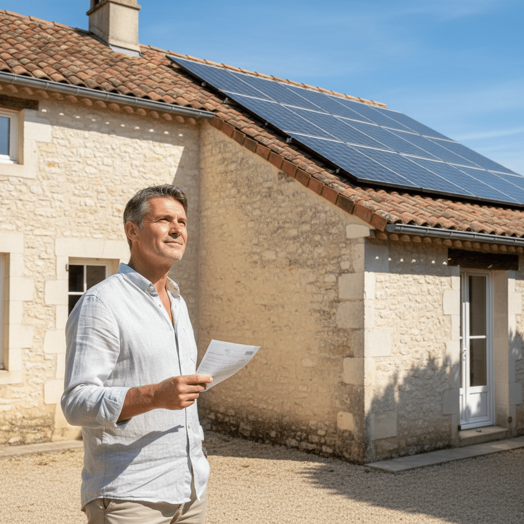 Homme devant une maison avec panneaux solaires photovoltaïques en toiture. Installation KHELIOS, spécialiste panneaux solaires et bornes de recharge à Alès et tout autour de Salon-de-Provence.